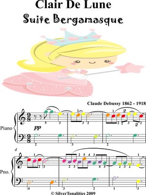 cover image of Clair de Lune Suite Bergamasque Easy Piano Sheet Music with Colored Notes